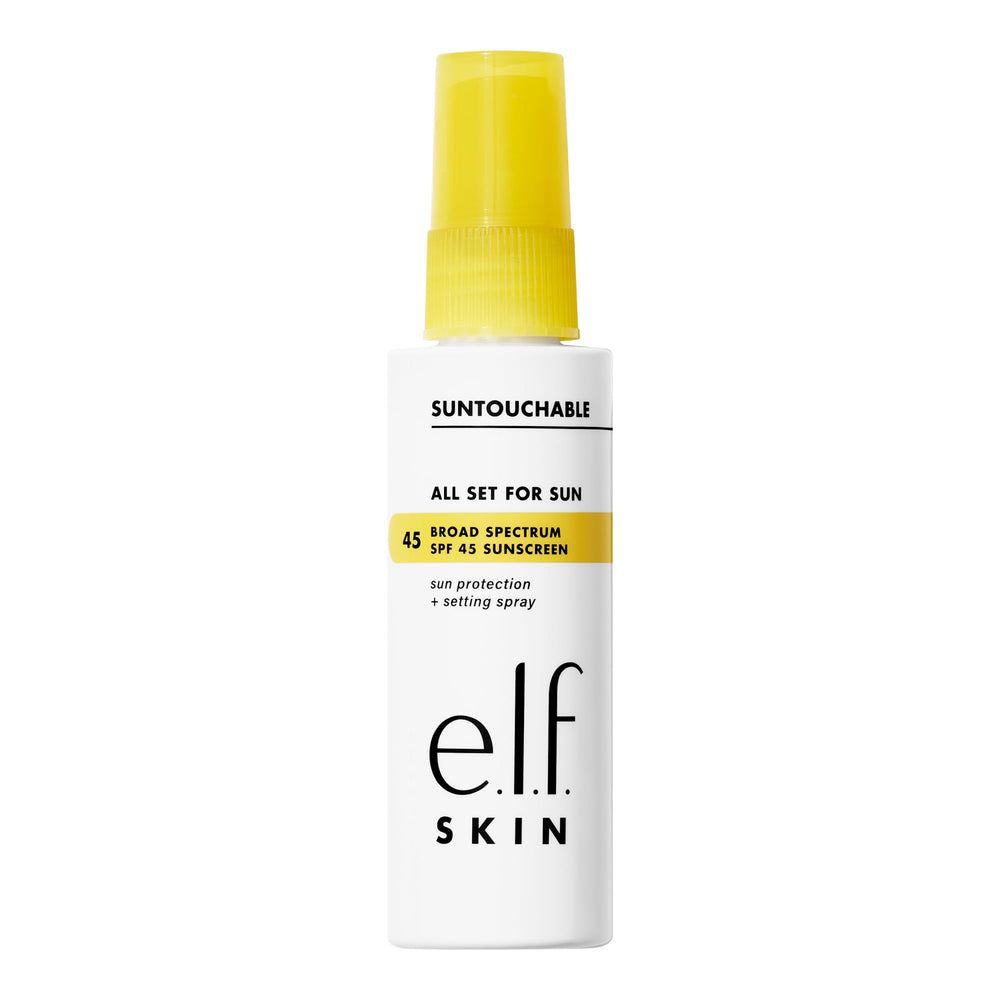 e.l.f. SKIN All Set For Sun SPF 45 bottle showing weightless makeup protection.