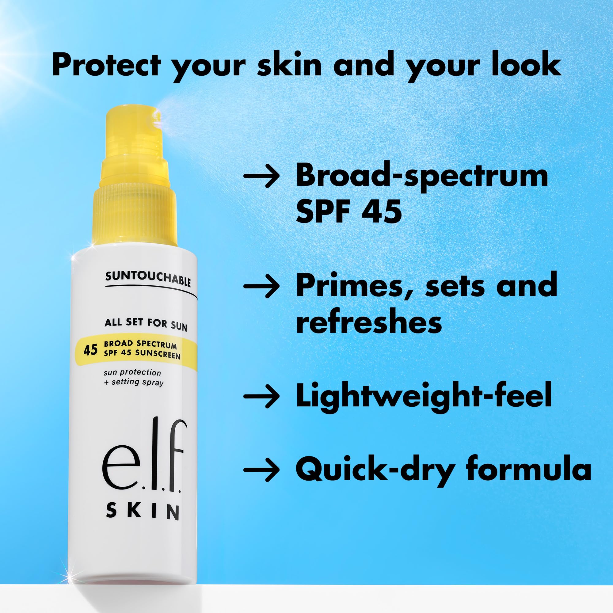 e.l.f. SKIN All Set For Sun SPF 45 mist with watermelon extract benefits.