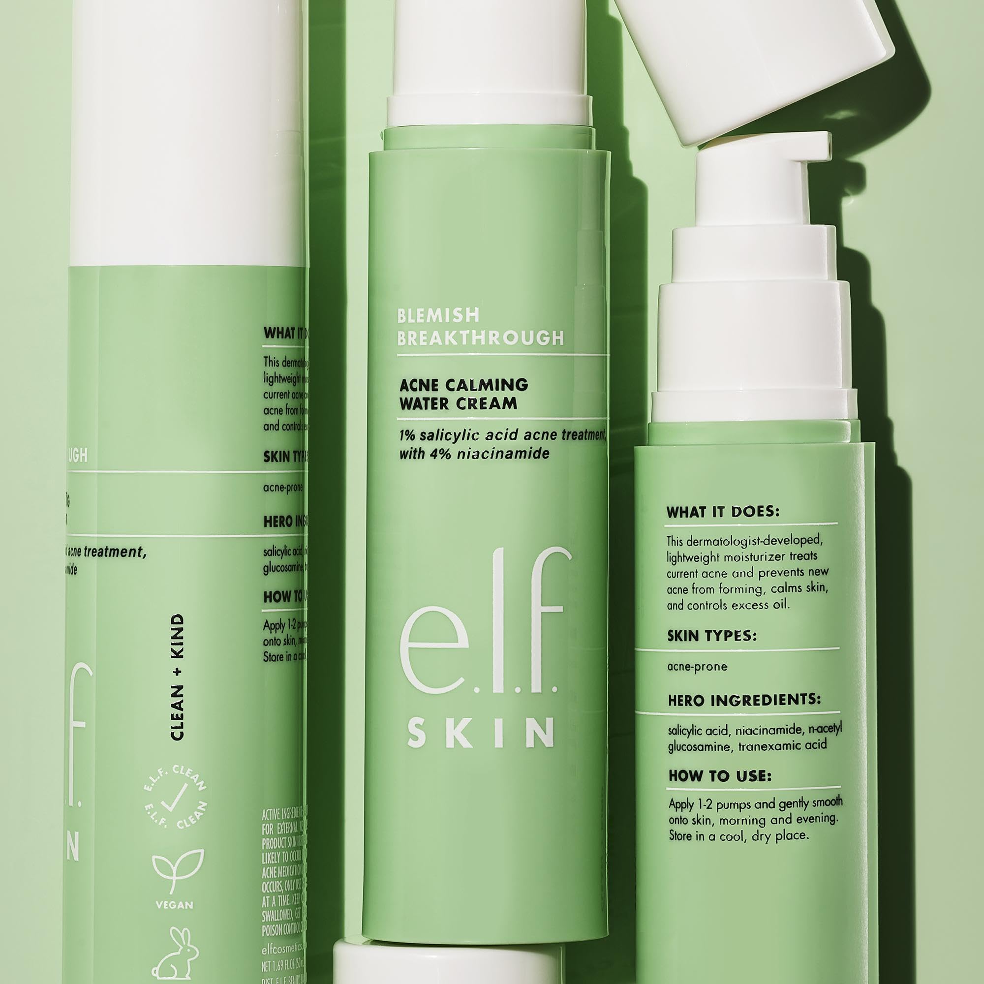 e.l.f. Skin Blemish Breakthrough oil-control shot on skin surface suggests balanced, shine-free complexion.
