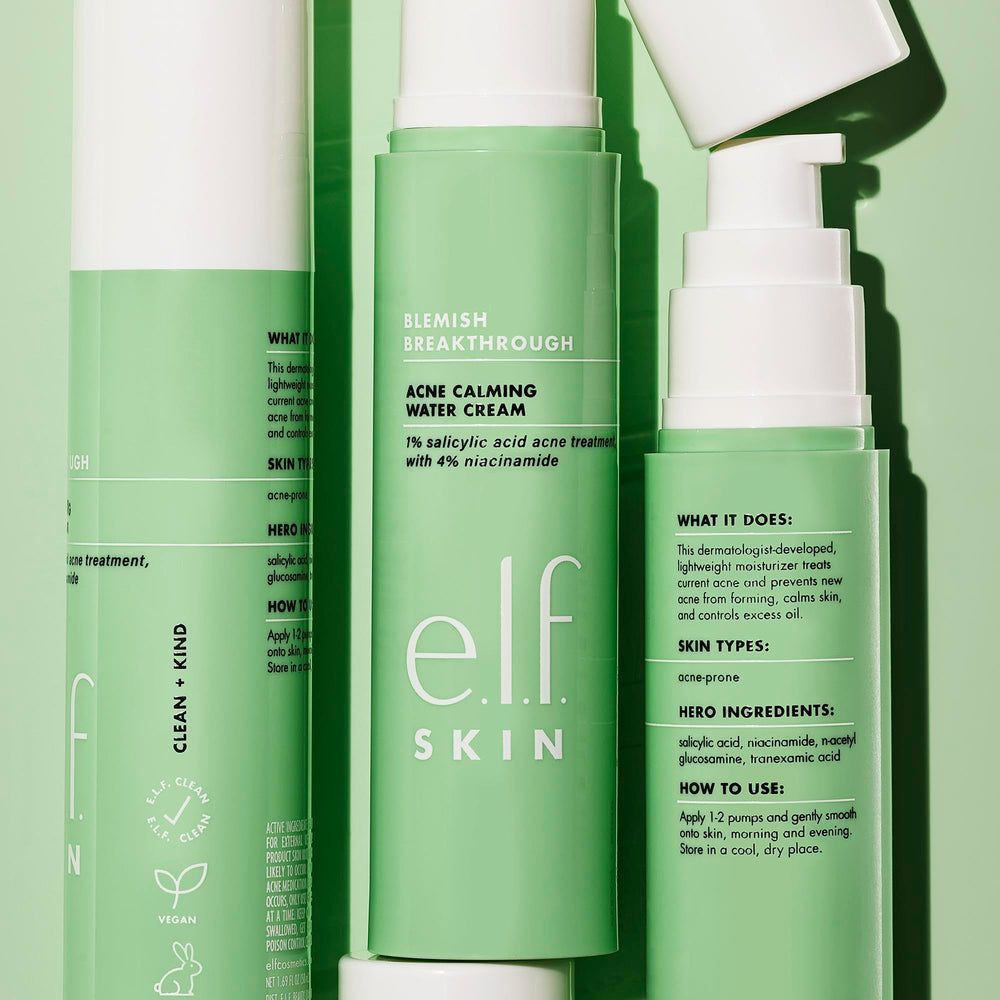 e.l.f. Skin Blemish Breakthrough oil-control shot on skin surface suggests balanced, shine-free complexion.