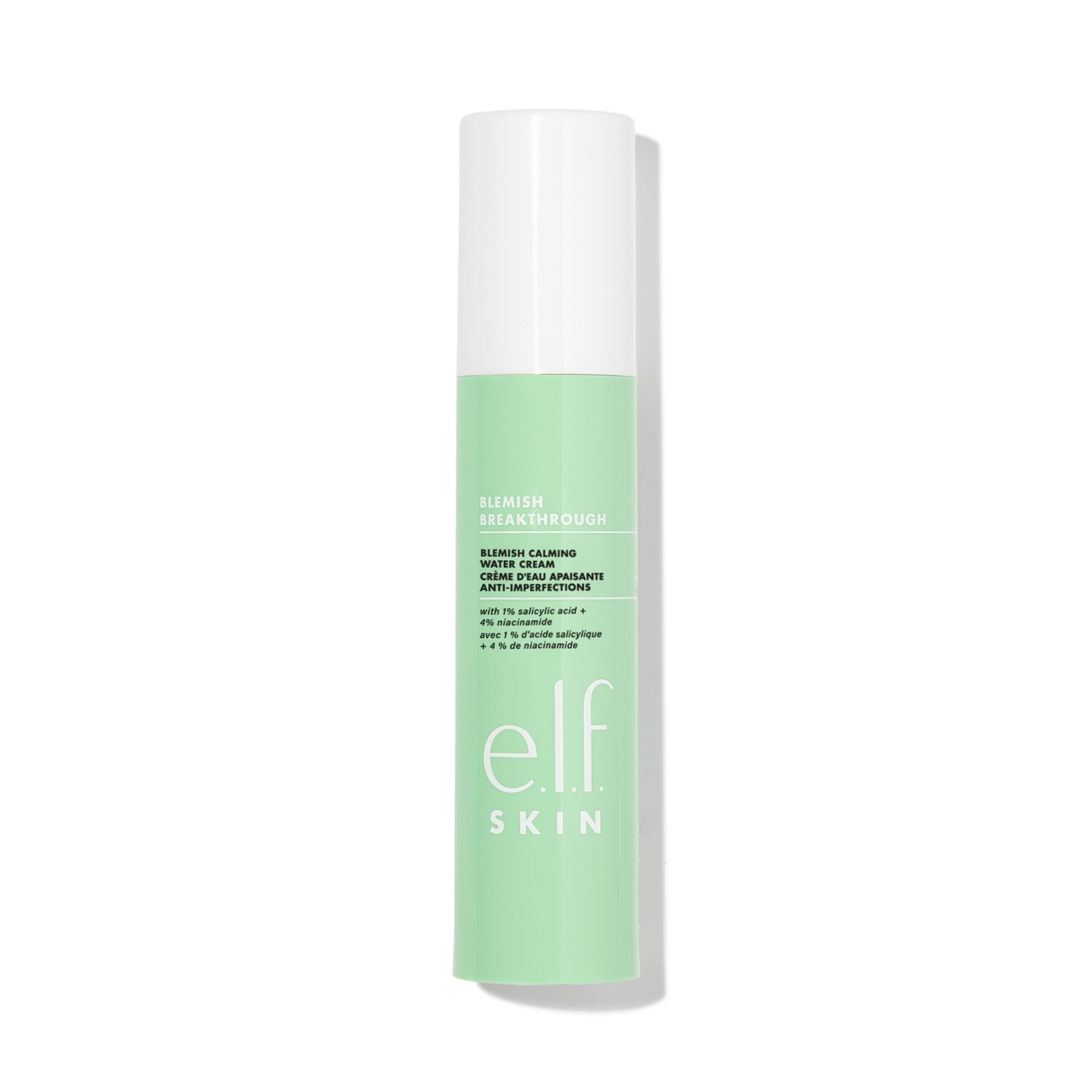 e.l.f. Skin Blemish Breakthrough water cream jar showing sleek, lightweight formula for clear, moisturized skin.