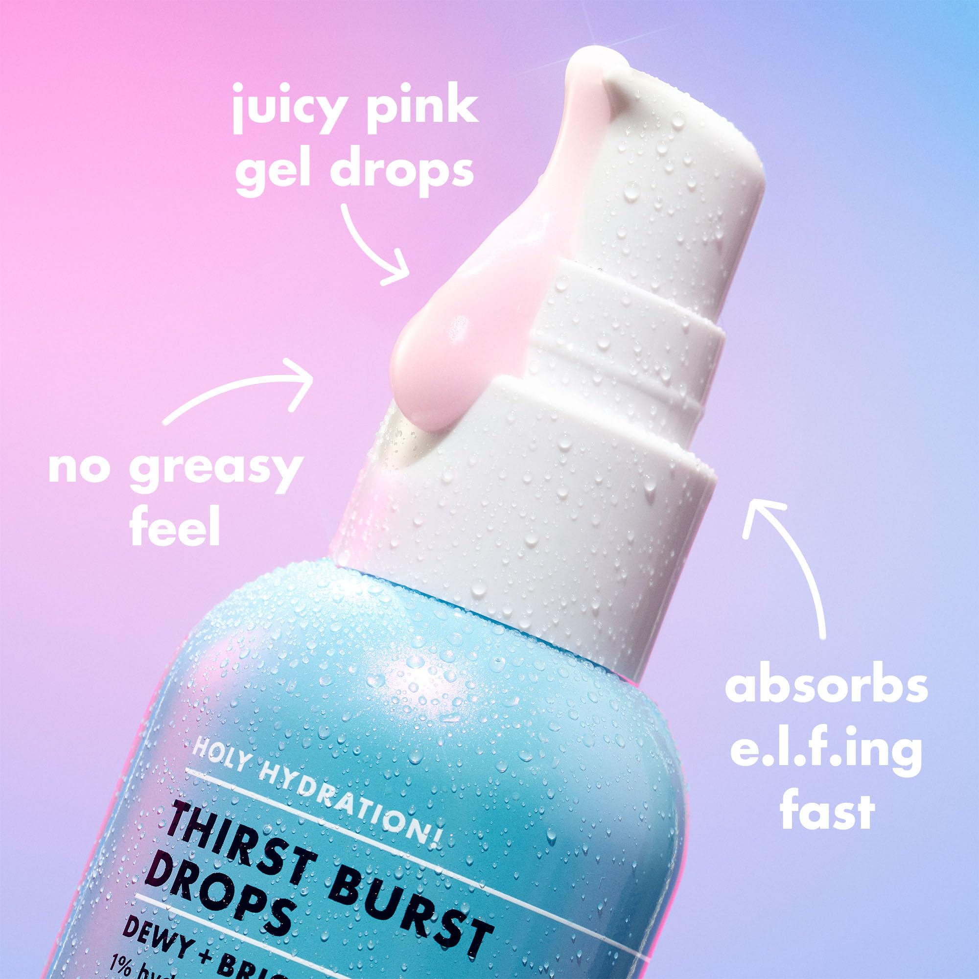 Close up shows hibiscus and hyaluronic acid powering hydration in e.l.f. SKIN Thirst Burst Drops.