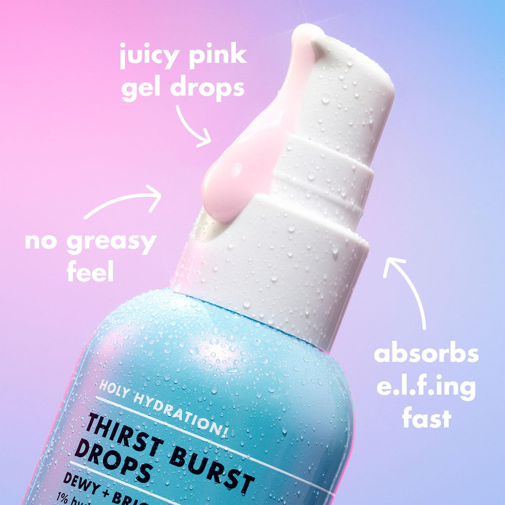 Close up shows hibiscus and hyaluronic acid powering hydration in e.l.f. SKIN Thirst Burst Drops.