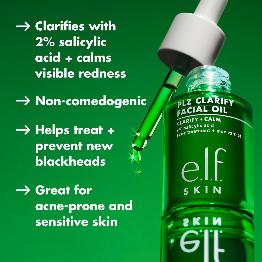 e.l.f. SKIN PLZ Clarify oil dropper detail highlighting 2% salicylic acid for clearer pores