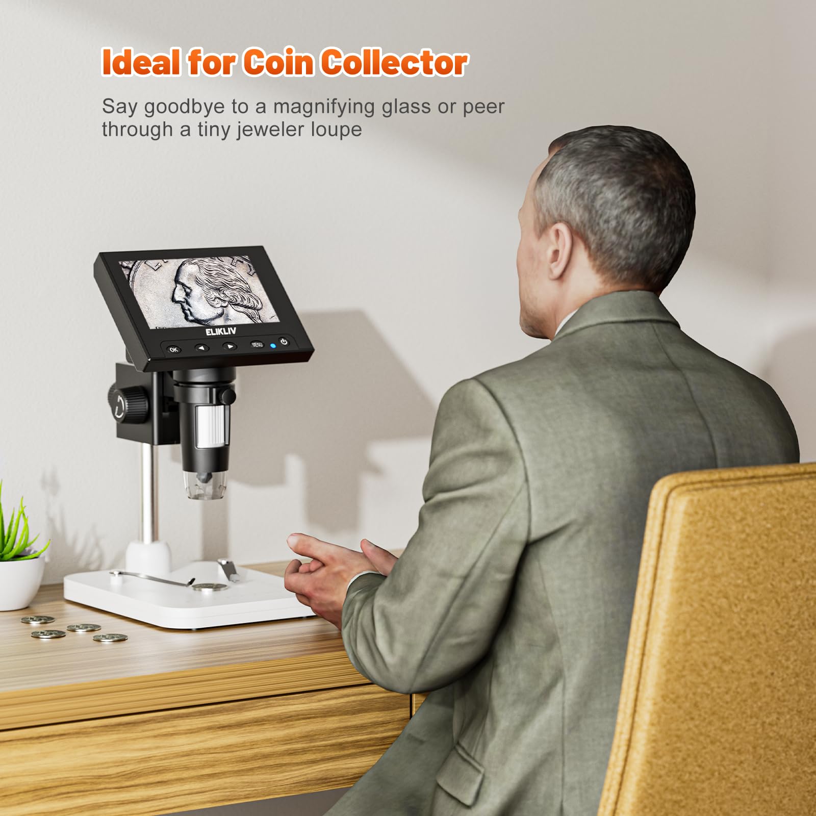 Height-adjustable stand on Elikliv microscope allows precise focus.