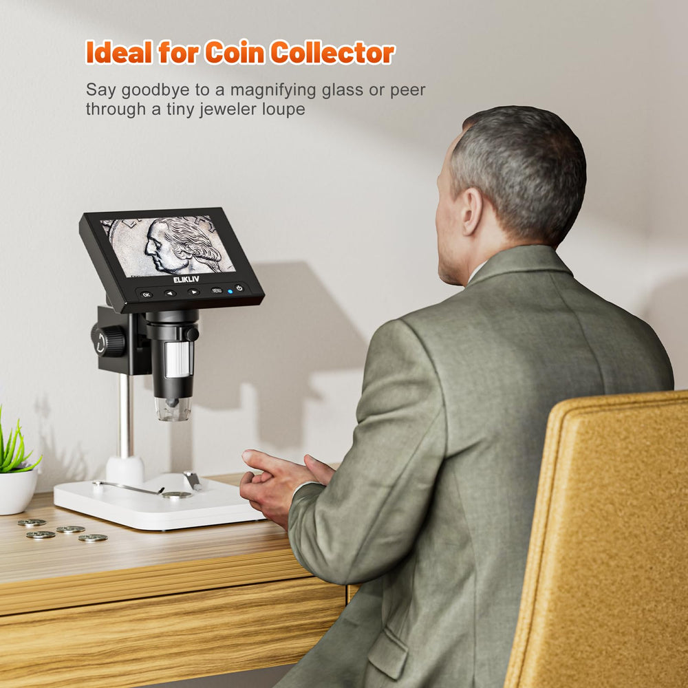 Height-adjustable stand on Elikliv microscope allows precise focus.
