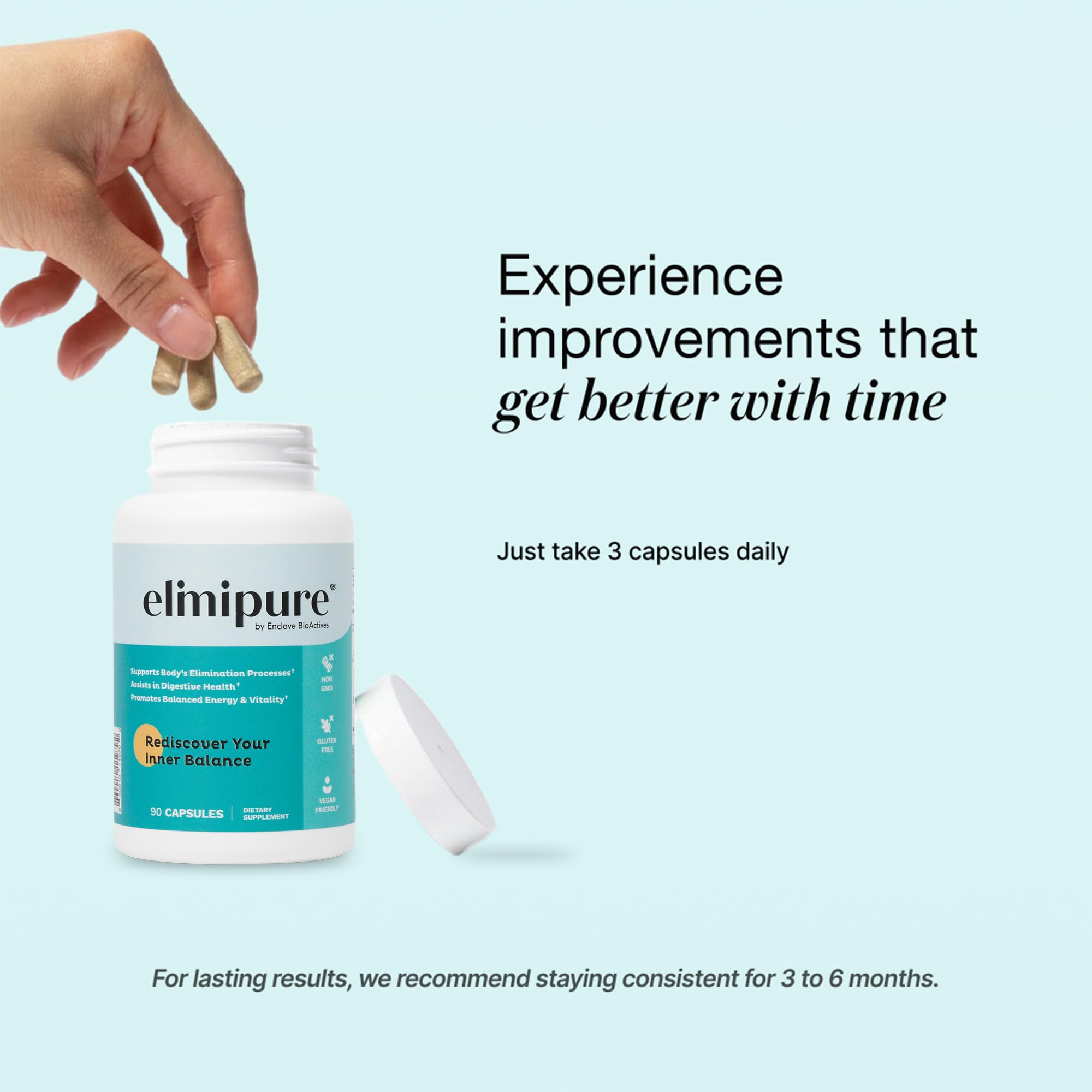 Elimipure Gut Cleanse lifestyle shot with tablets being dispensed