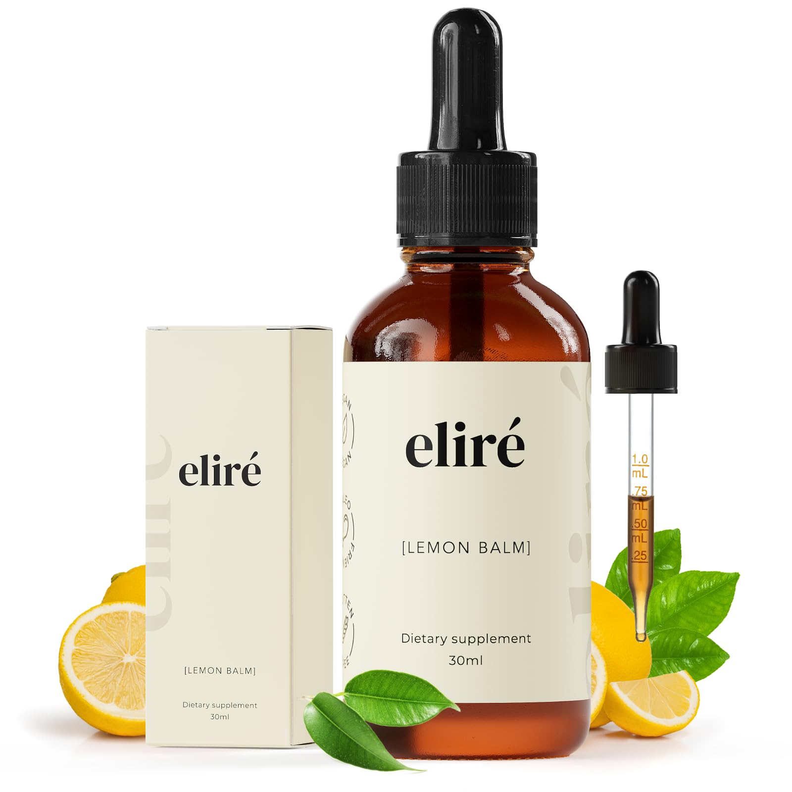 Eliré Organic Lemon Balm Drops bottle shown for daily calm use