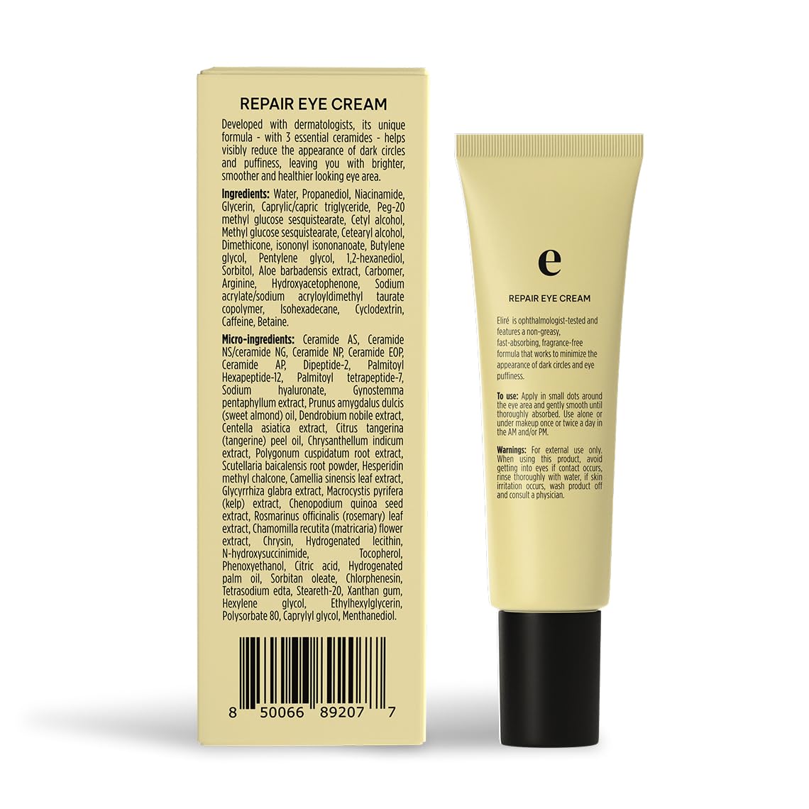 Eliré Repair Eye Cream jar with label close-up conveys barrier-supporting benefits.