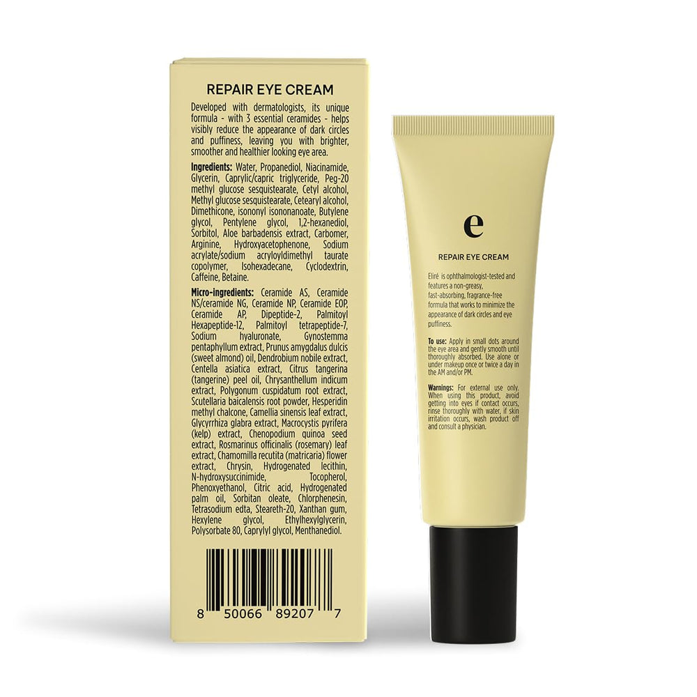 Eliré Repair Eye Cream jar with label close-up conveys barrier-supporting benefits.