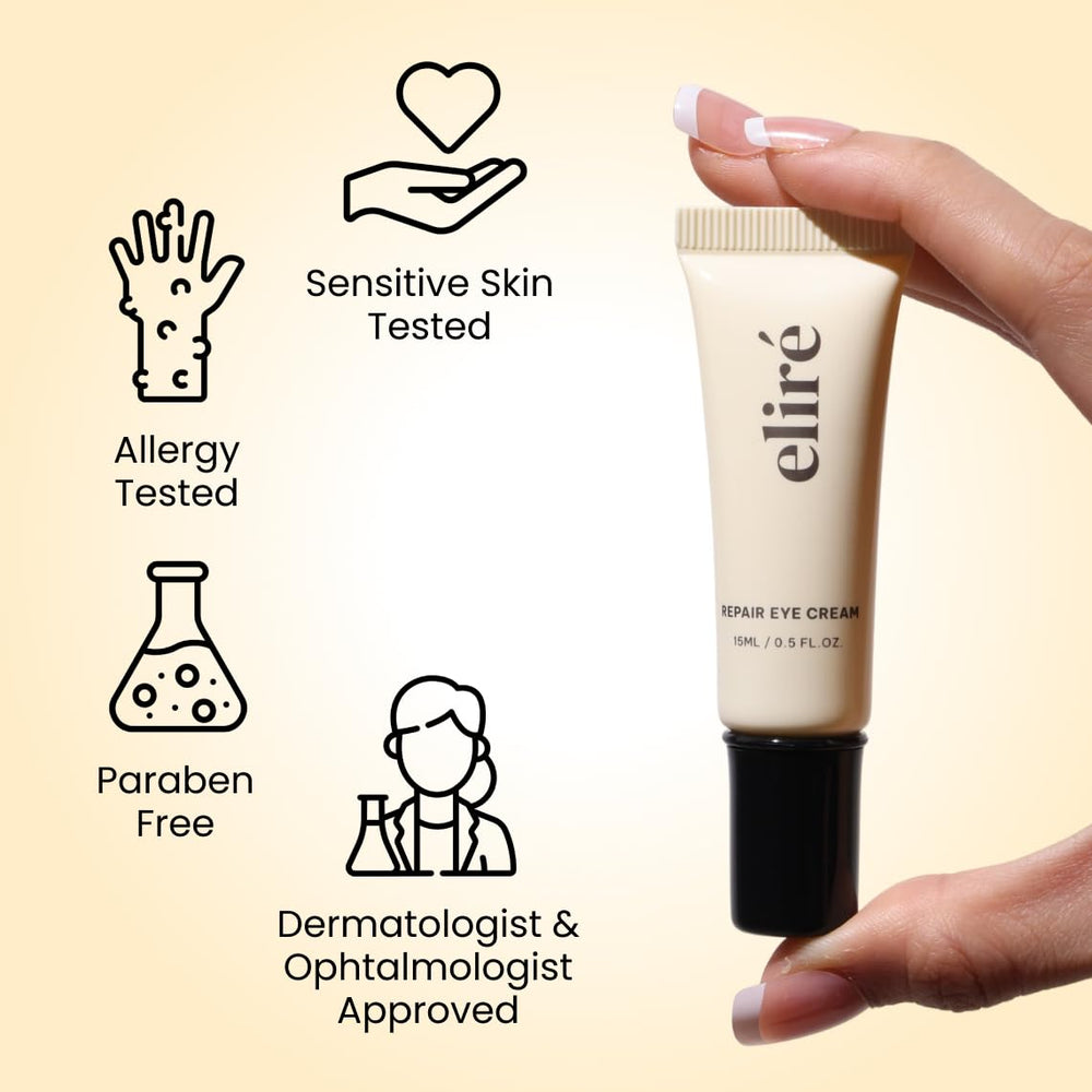 Eliré Repair Eye Cream packaging close-up communicates dermatologist-tested quality.