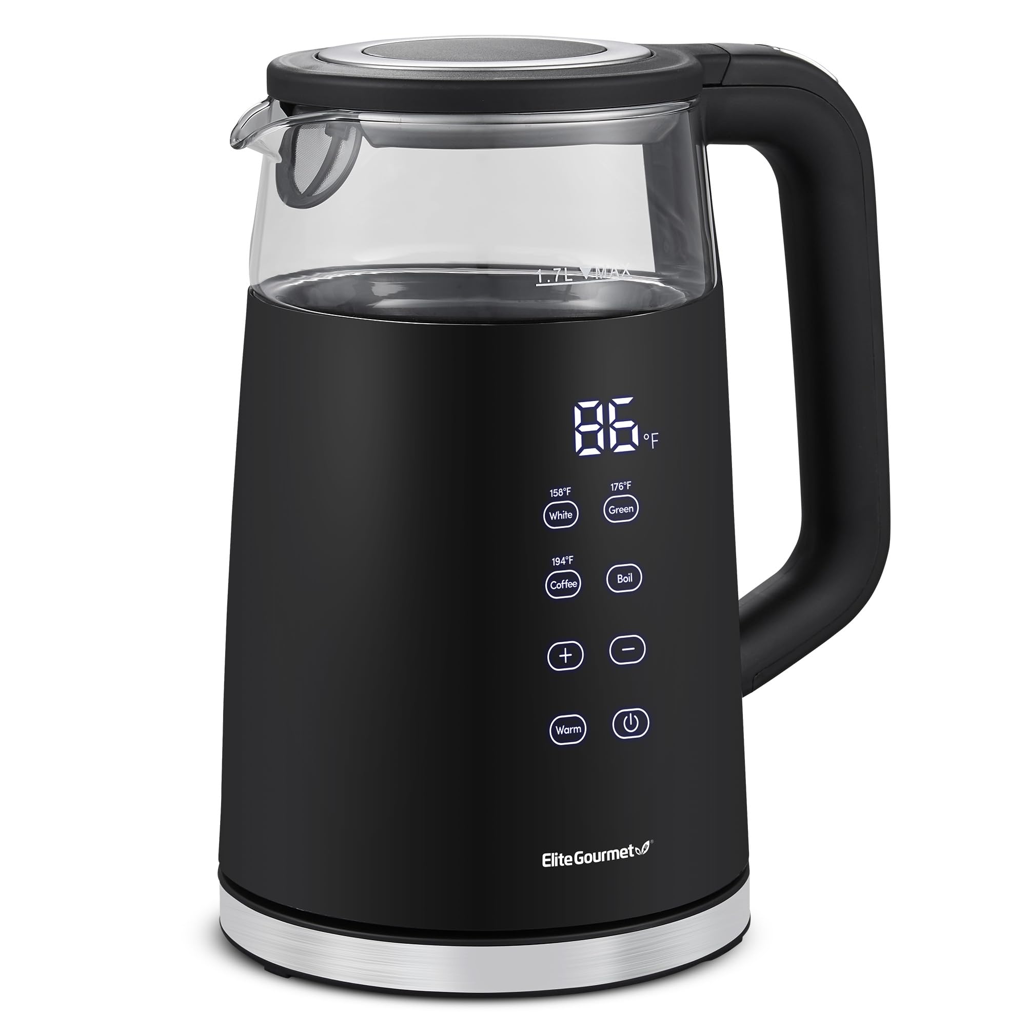 Elite Gourmet 1.7L dual-wall kettle side view, cool-touch exterior for safe hot water.