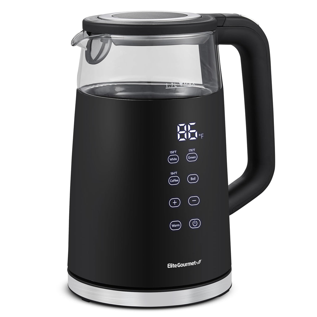 Elite Gourmet 1.7L dual-wall kettle side view, cool-touch exterior for safe hot water.