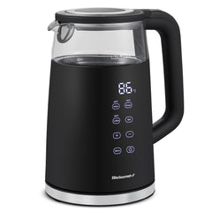 Elite Gourmet 1.7L dual-wall kettle side view, cool-touch exterior for safe hot water.
