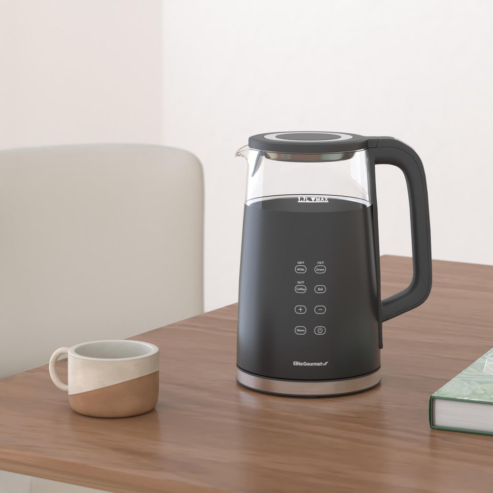 Elite Gourmet 1.7L dual-wall kettle top view, quick boil with real-time temp display.