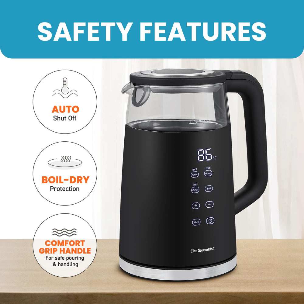 Elite Gourmet 1.7L stainless-steel lid with built-in mesh filter for debris-free pours.
