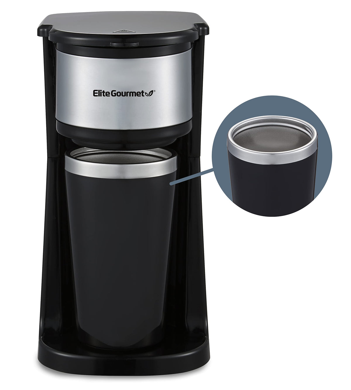 Elite Gourmet EHC-112B coffee maker front view for compact counter space and quick brews