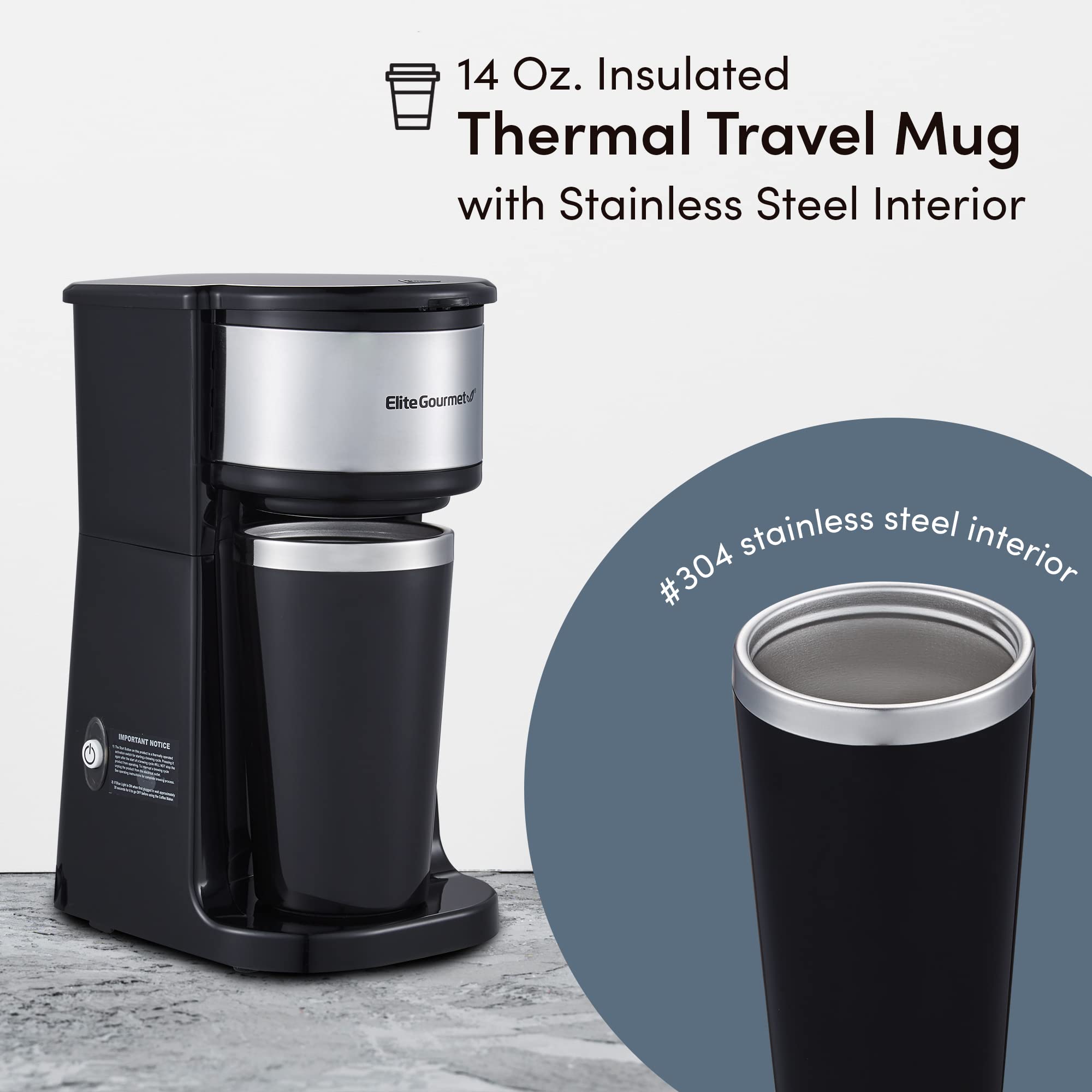 Elite Gourmet EHC-112B travel mug with stainless steel interior keeps beverages hot