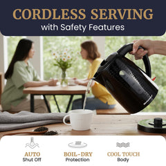 Elite Gourmet EKT5051 cordless kettle with 360° swivel base for easy pouring.
