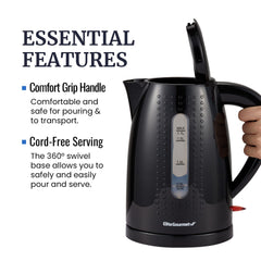 Elite Gourmet EKT5051 BPA-free kettle with clear-view window for accurate water levels.