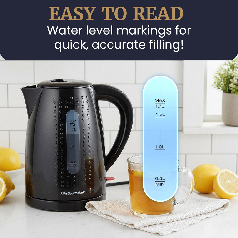 Elite Gourmet EKT5051 1.7-liter capacity with a large spout for smooth pours.