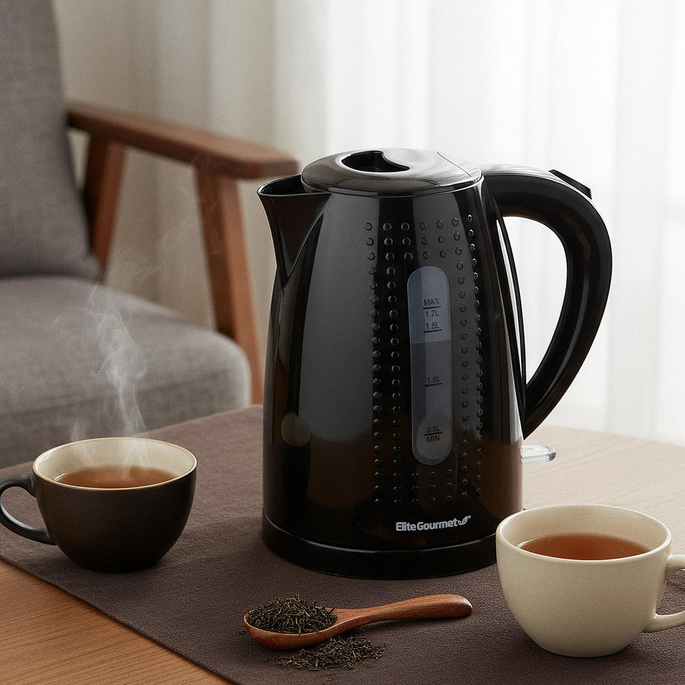Elite Gourmet EKT5051 modern black design complements any kitchen or office space.