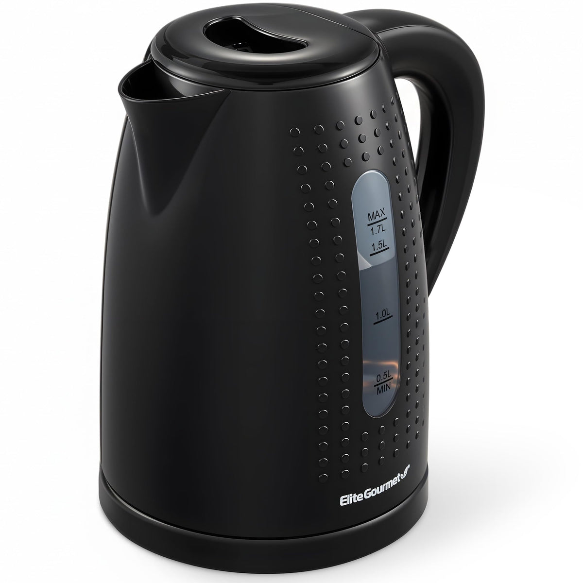 Elite Gourmet EKT5051 water kettle on base for cordless serving and quick boil.