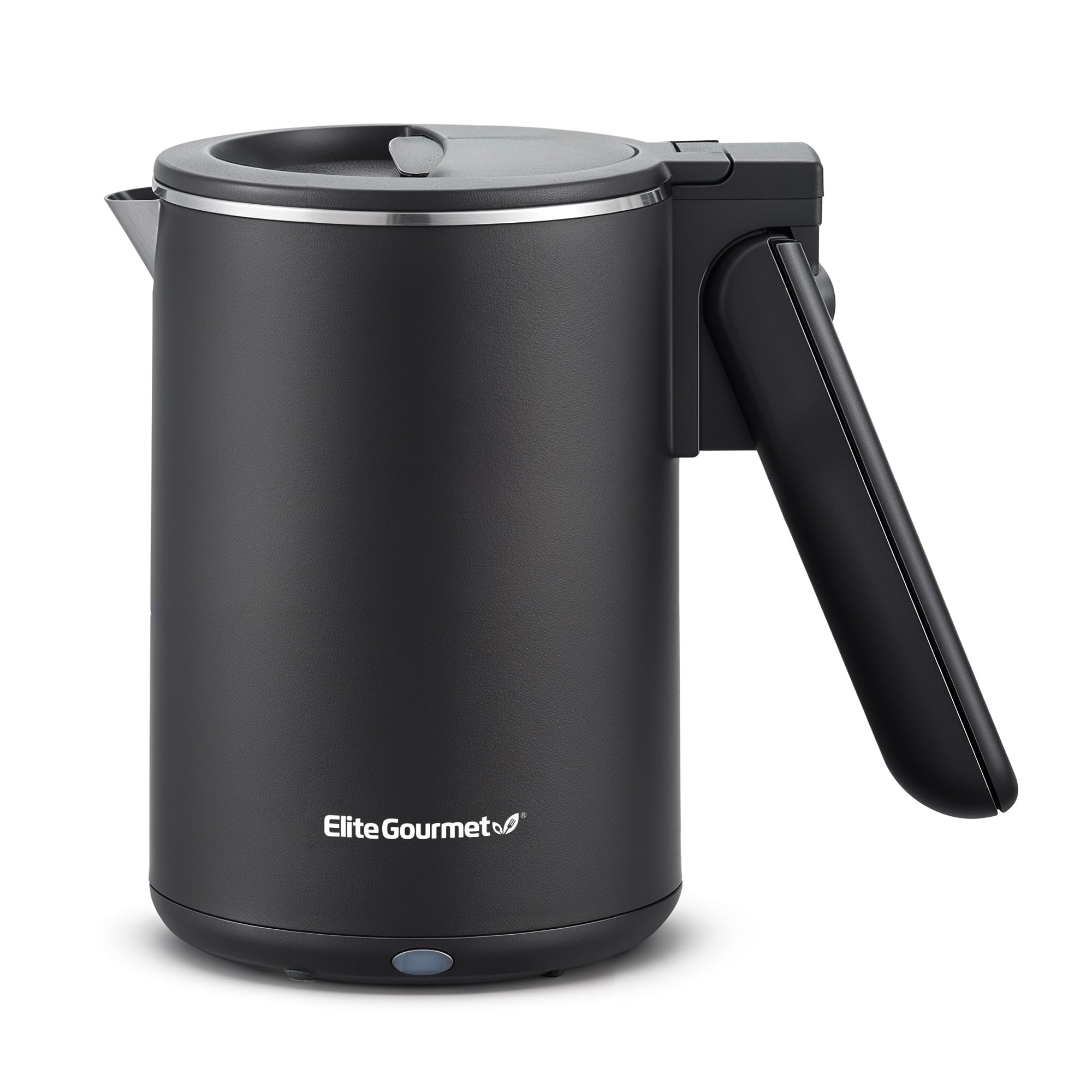 Elite Gourmet travel kettle with lid open for quick filling and cleaning