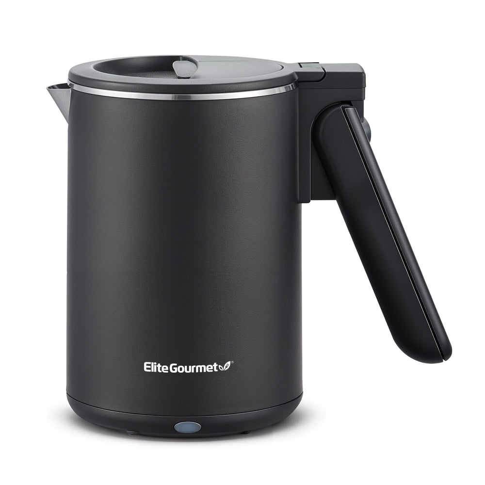 Elite Gourmet travel kettle with lid open for quick filling and cleaning