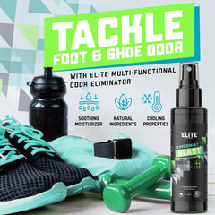 Close-up label shows peppermint blend for a balanced, natural scent in footwear.