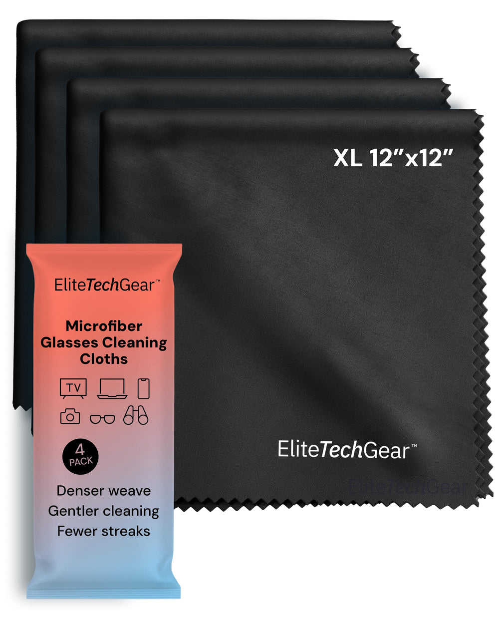 Elite Tech Gear eyeglass cleaning cloth, 12x12 inches, oversized for streak-free lenses.