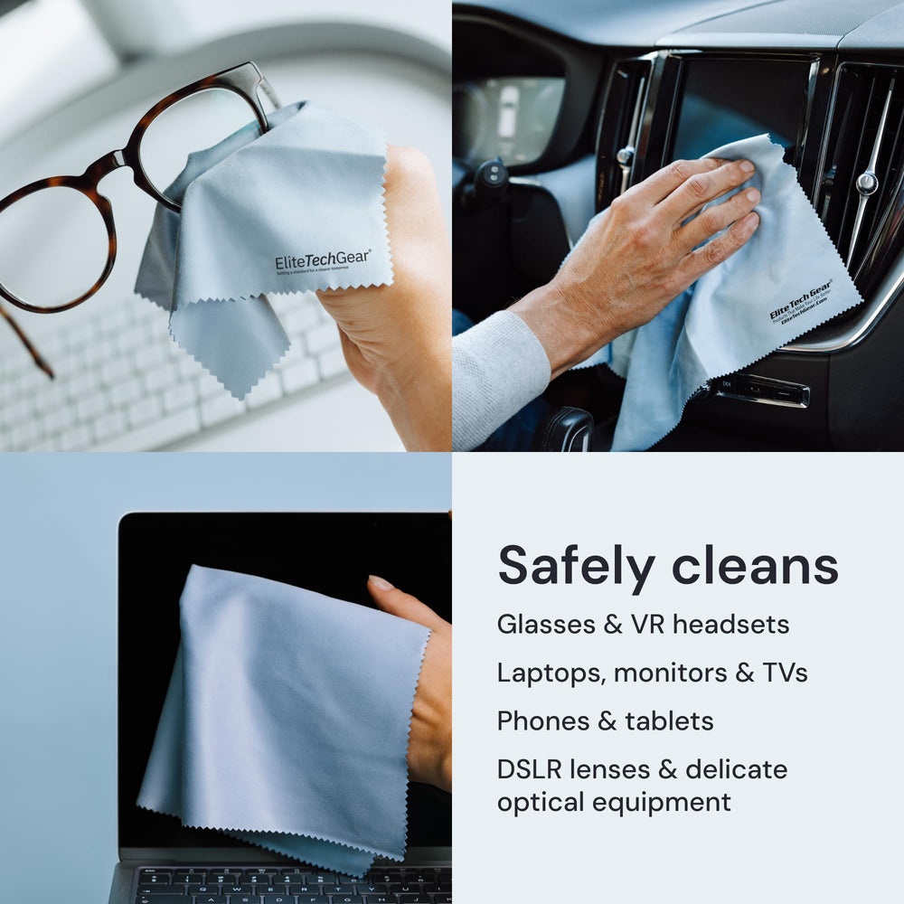 Elite Tech Gear versatile microfiber cloth cleans screens and glasses effectively.