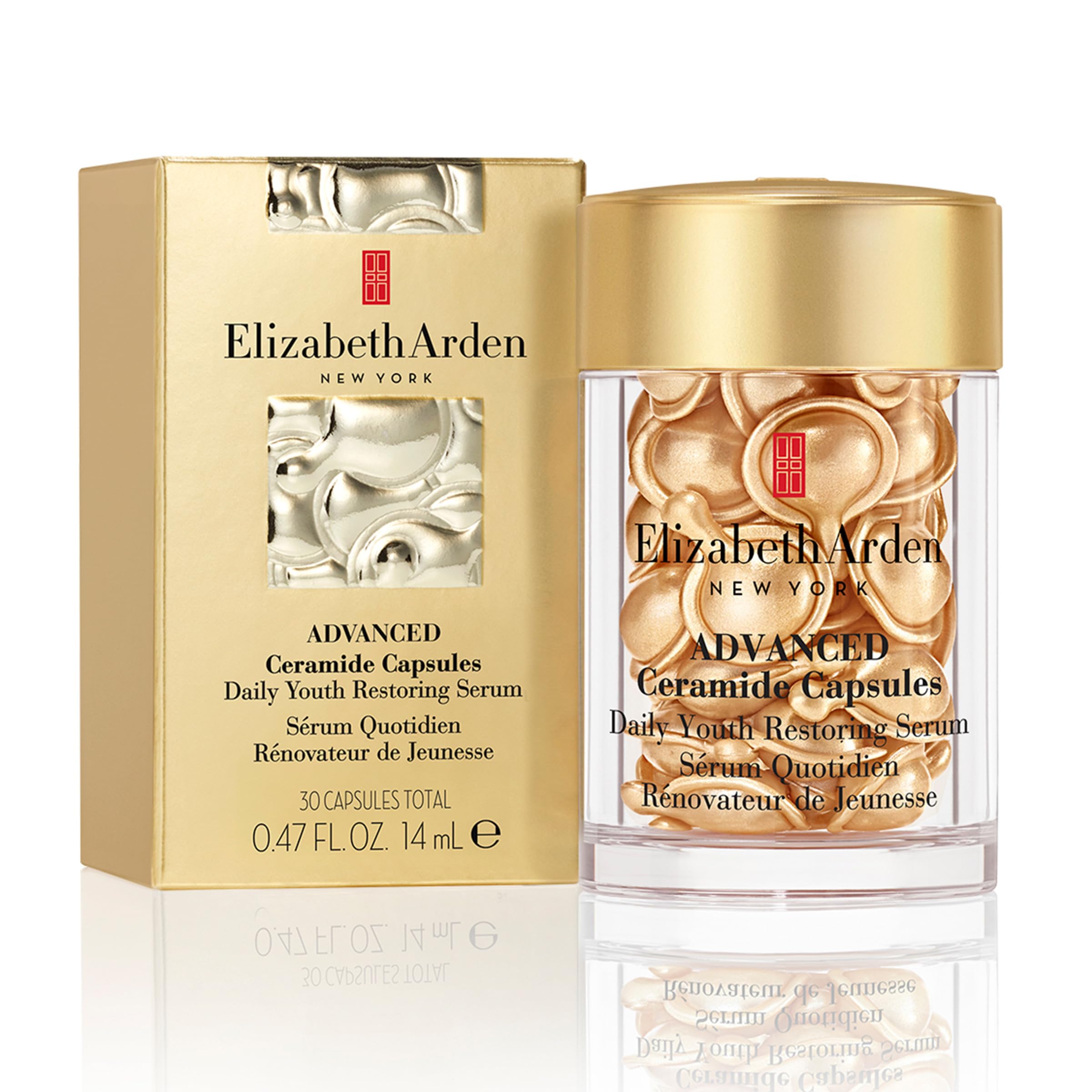 Elizabeth Arden Advanced Ceramide Capsules packaging close-up showing travel-friendly, single-dose packaging.