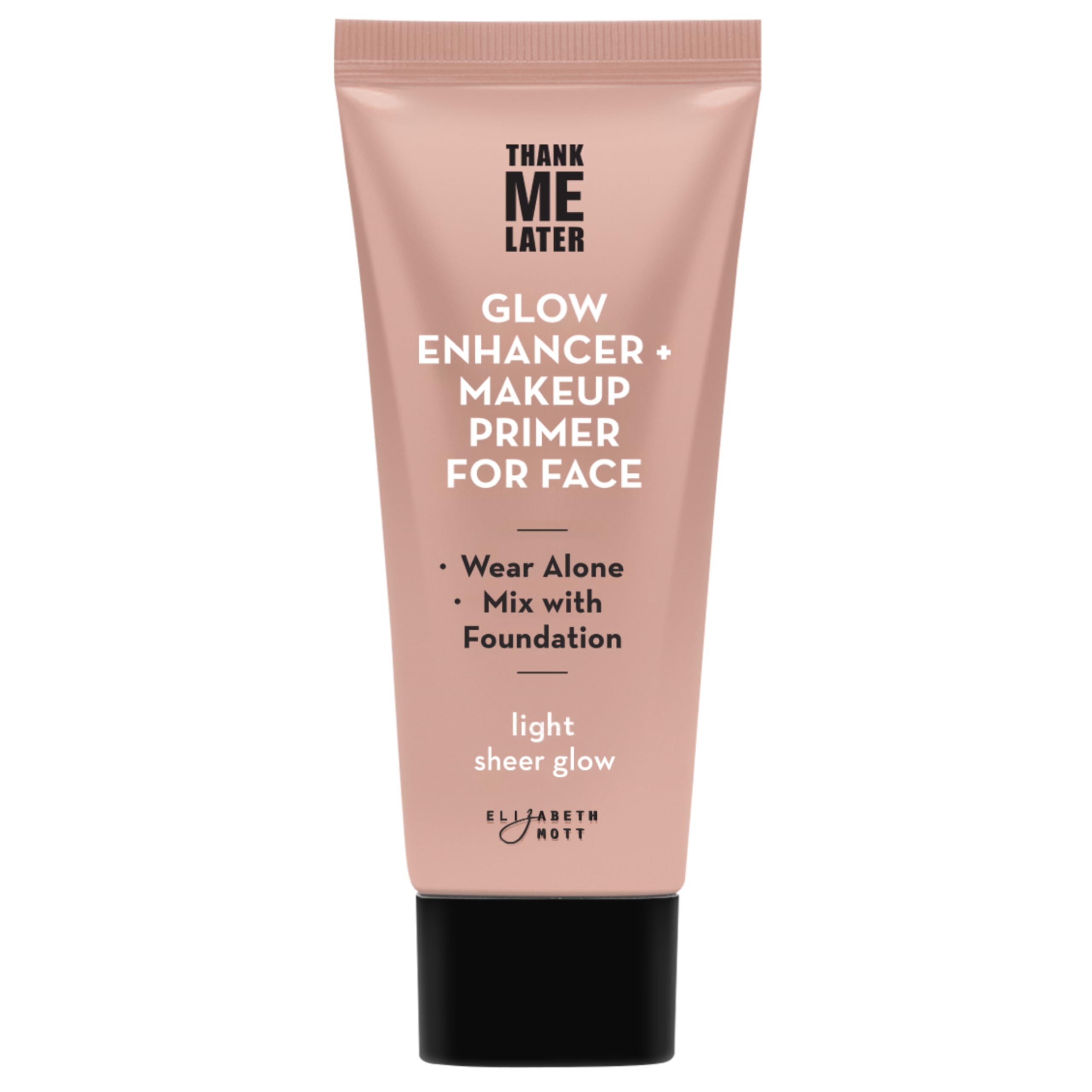 Elizabeth Mott Thank Me Later Glow Primer swirl demonstrates hydrating radiance on skin.