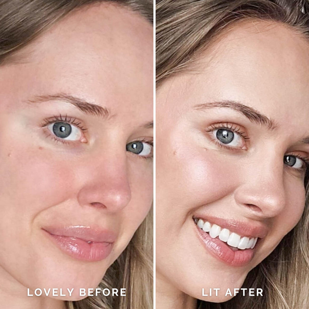 Elizabeth Mott Thank Me Later Glow Primer highlighter on cheekbone creates a subtle glow.