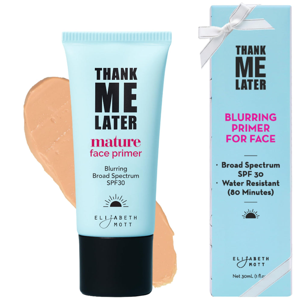 Elizabeth Mott Thank Me Later Primer bottle creates a lightweight base for smooth, long-wearing makeup.