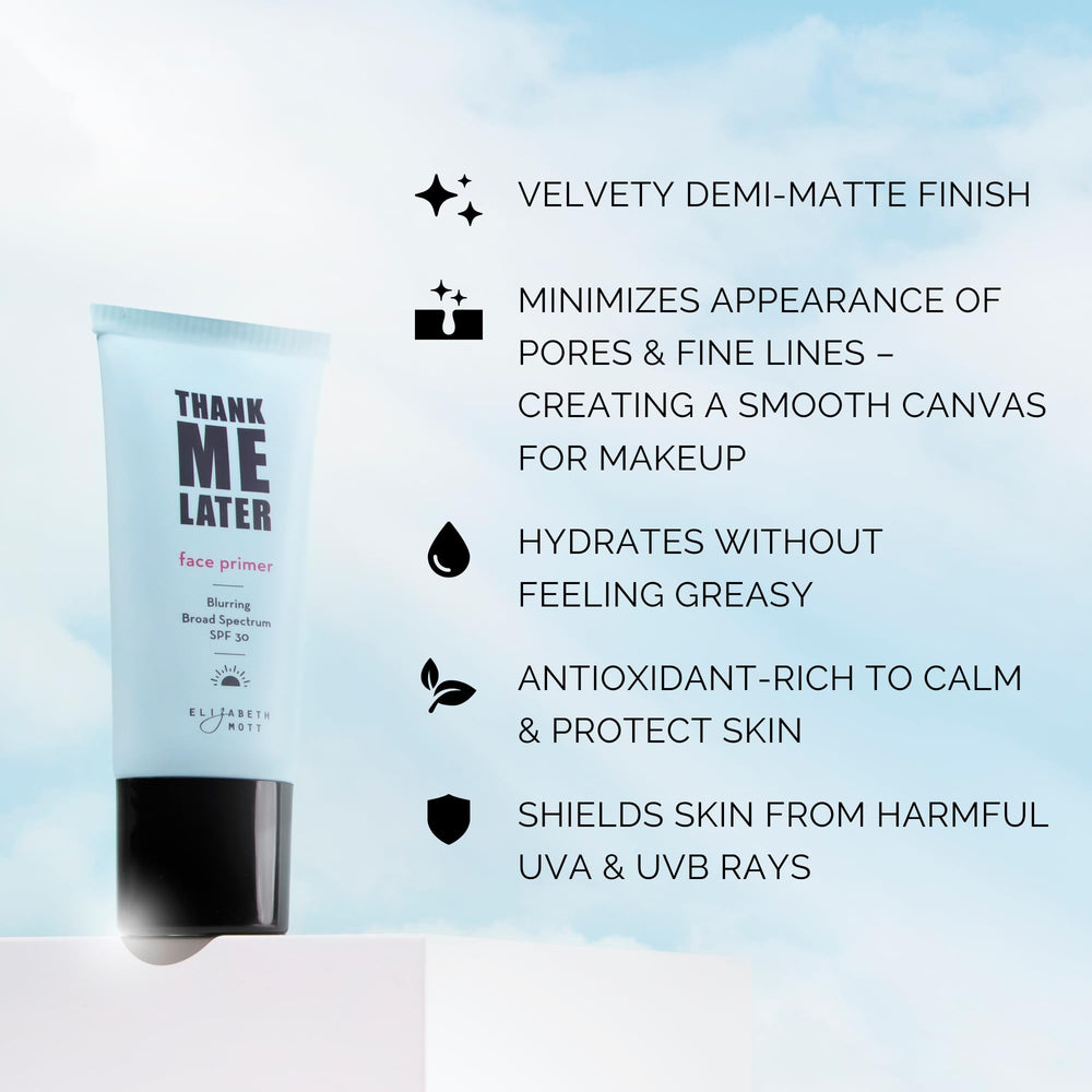 Elizabeth Mott Thank Me Later Primer on hand demonstrates quick pore-blurring prep.
