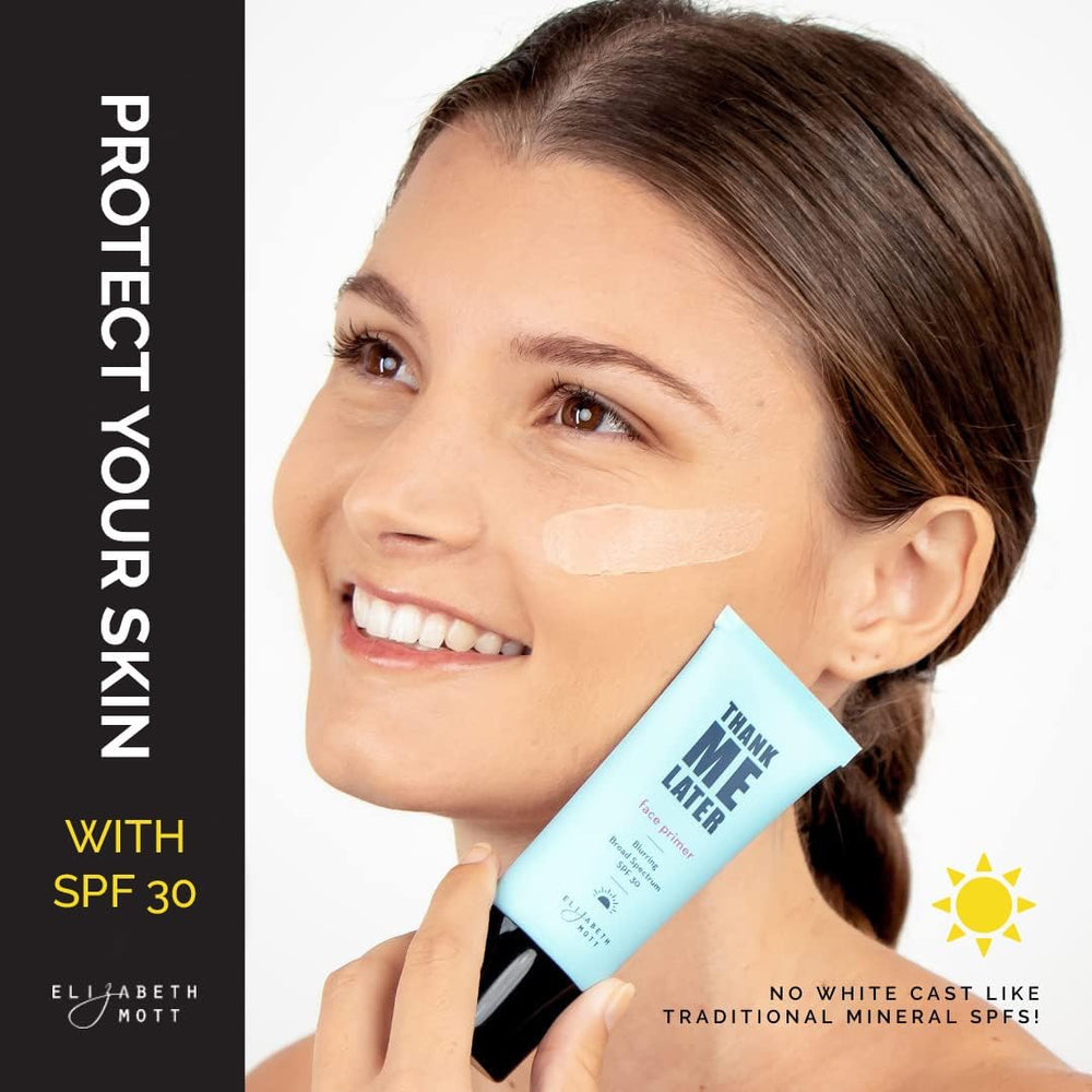Elizabeth Mott Thank Me Later Primer close-up shows pore-blur for a smoother complexion.