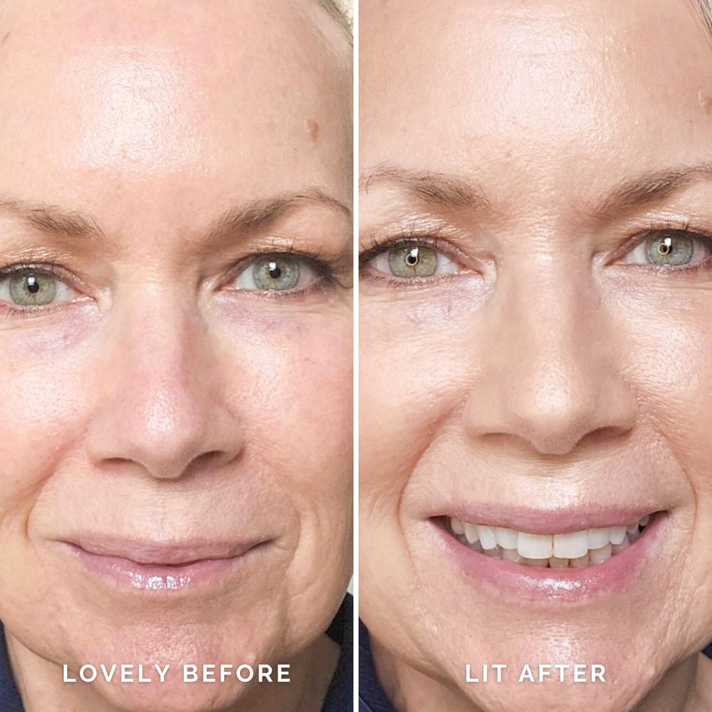 Elizabeth Mott Thank Me Later Glow Primer under foundation swatch demonstrates versatile dew-kissed finish.