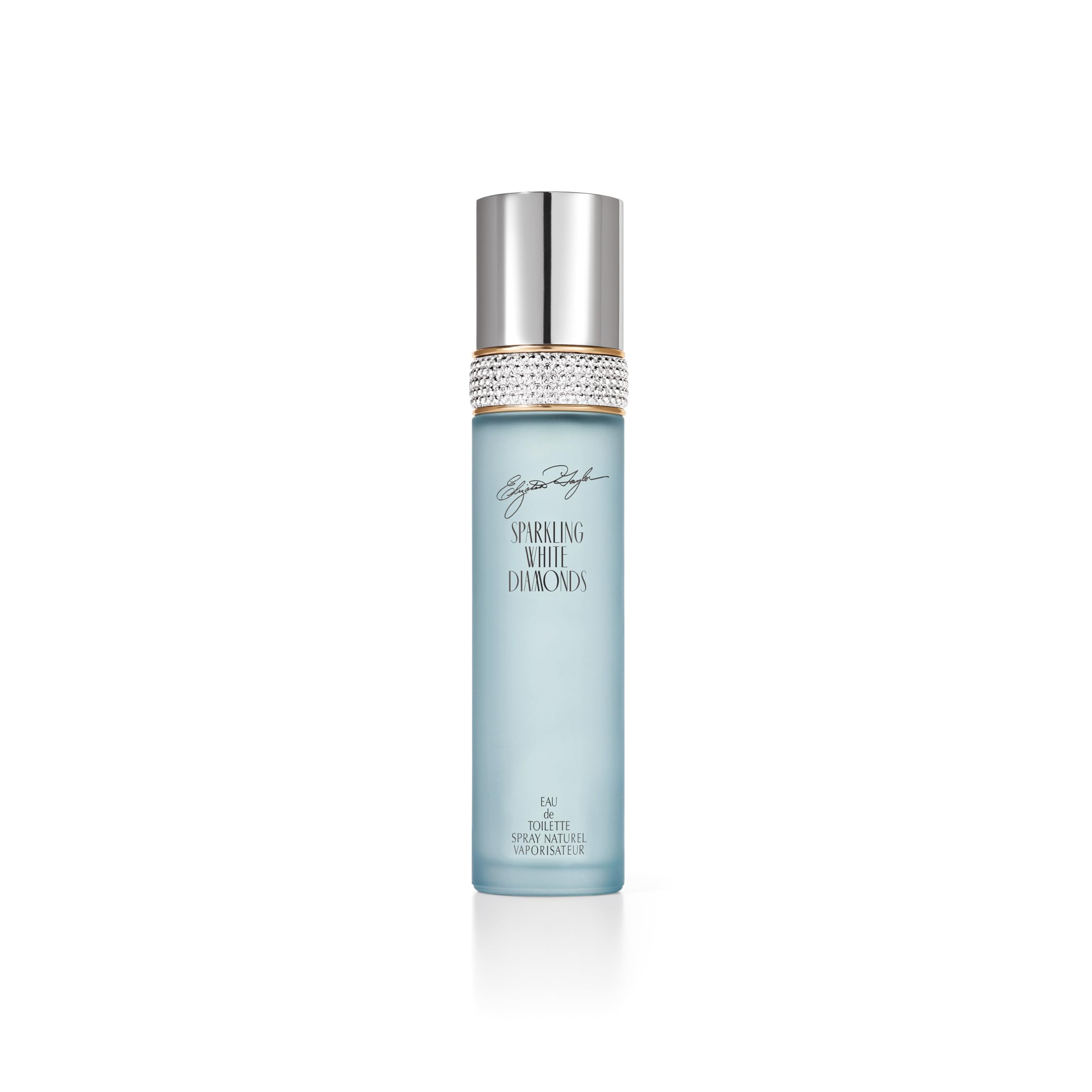 Elizabeth Taylor Sparkling White Diamonds cap closeup, signaling premium fragrance quality.