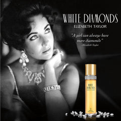 Elizabeth Taylor White Diamonds label closeup, highlighting brand heritage and premium scent.
