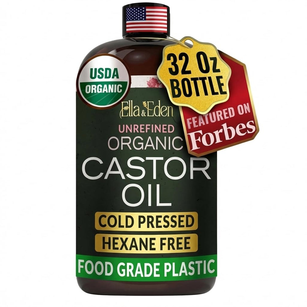 Ella & Eden Castor Oil bottle closeup highlighting its silky texture for skin and hair care.