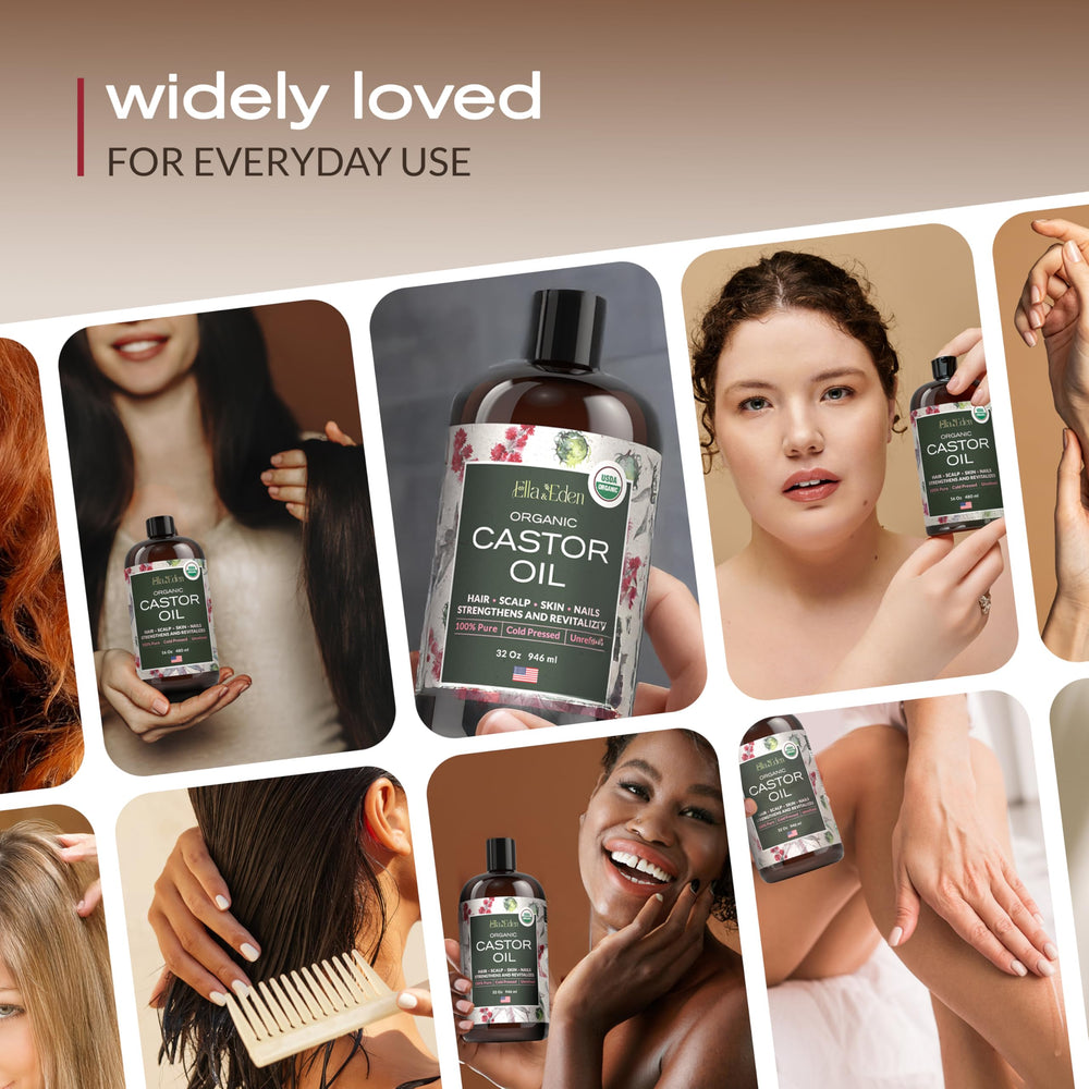 Ella & Eden Castor Oil eco-friendly packaging emphasizes waste reduction with a large 32 oz bottle.