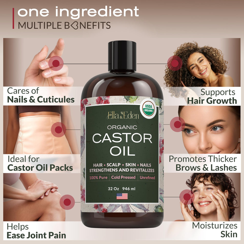 Ella & Eden Castor Oil skin hydration scene highlights deep moisture and soft skin texture.