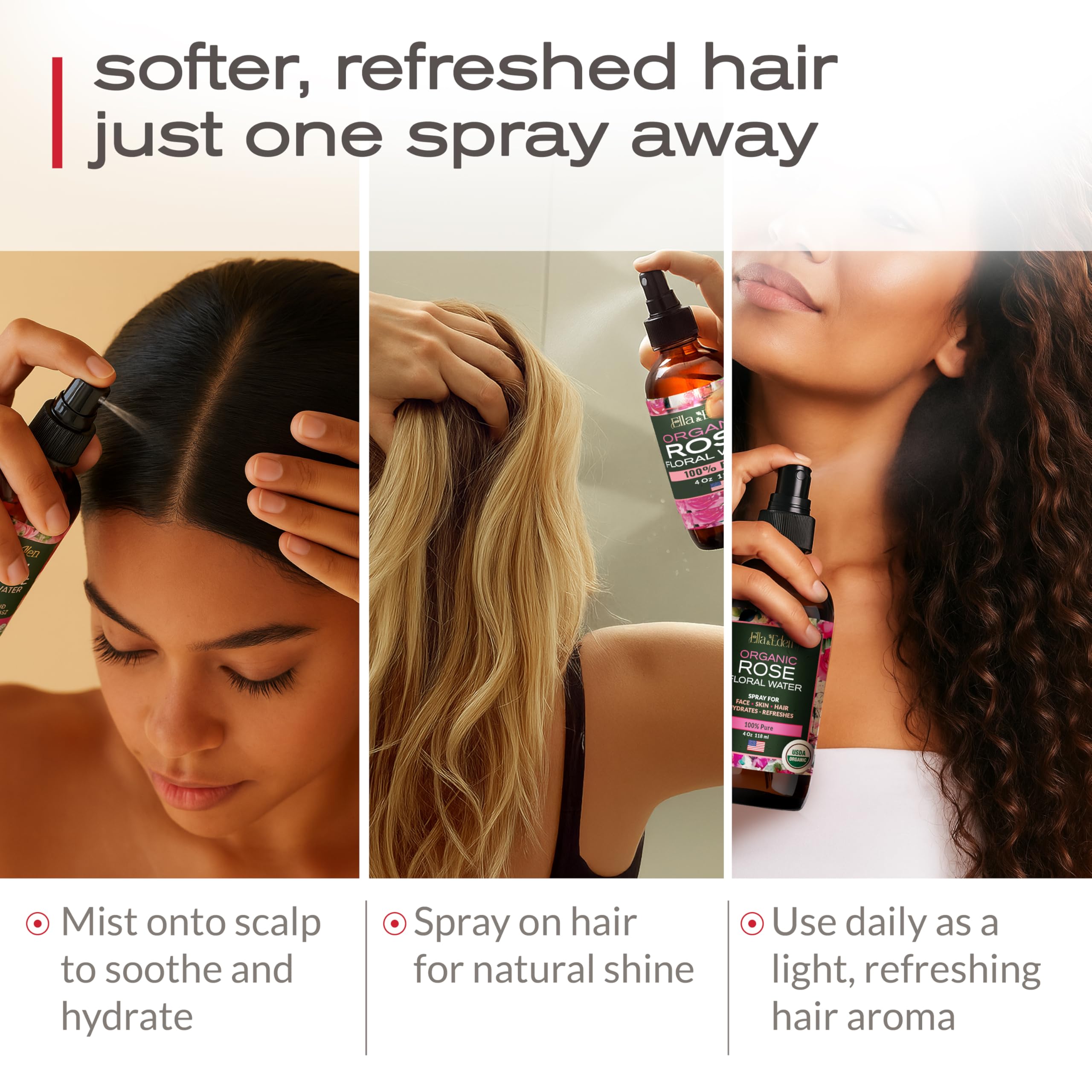 Ella & Eden rose water spray bottle with fine mist sprayer is travel-ready.