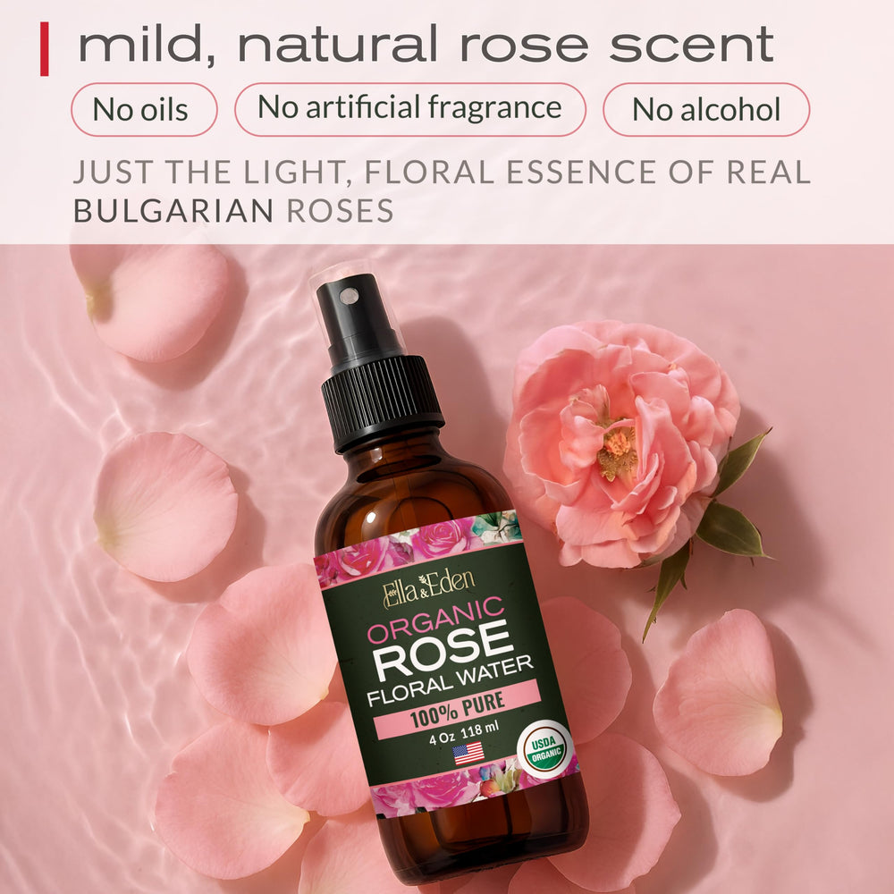 Ella & Eden steam-distilled rose water highlights pure, hexane-free skincare benefits.