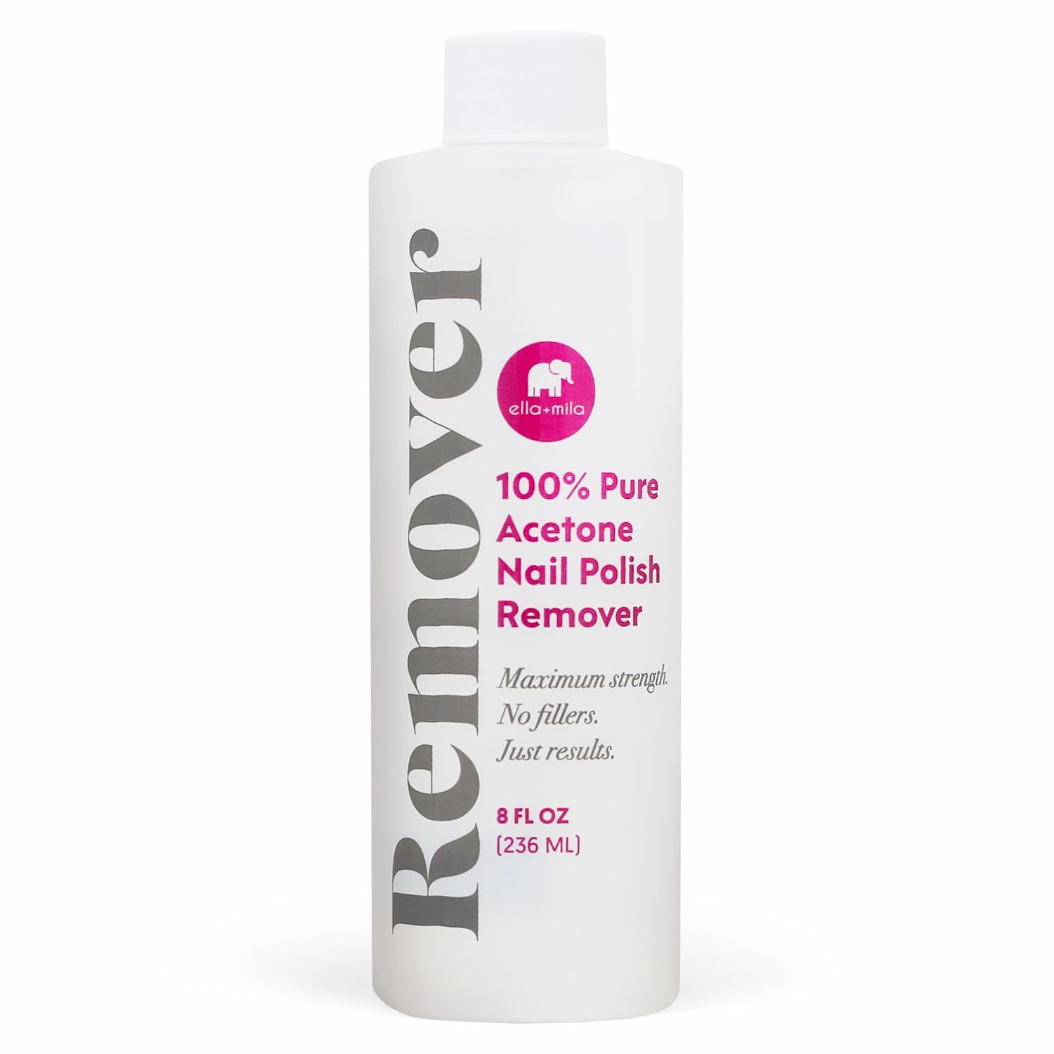 Ella Mila acetone remover bottle front for salon-grade gel removal at home.