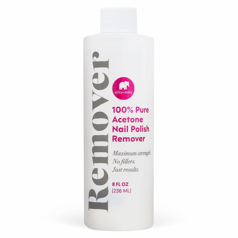 Ella Mila acetone remover bottle front for salon-grade gel removal at home.