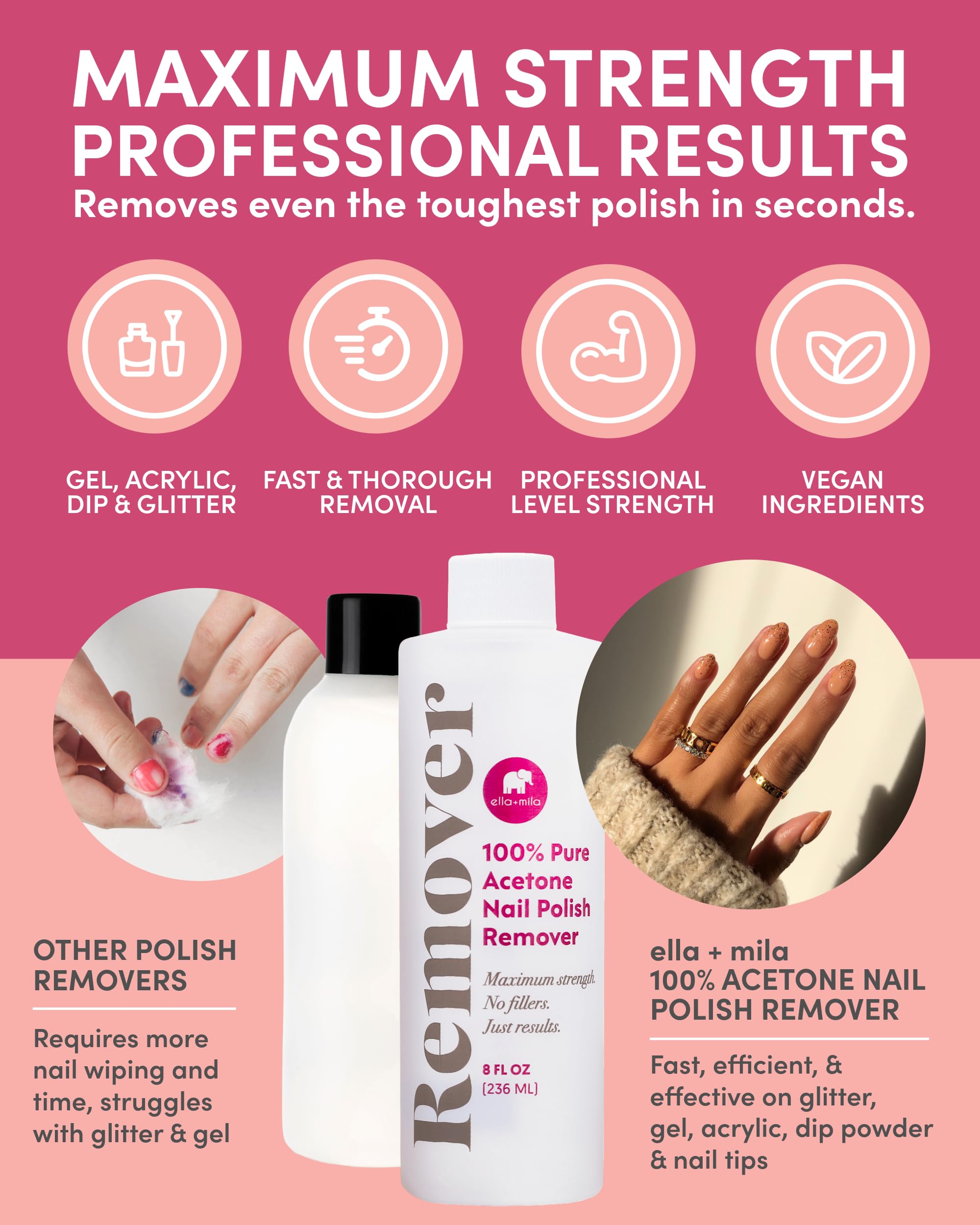Ella Mila acetone remover label closeup showing pure, fragrance-free formula.