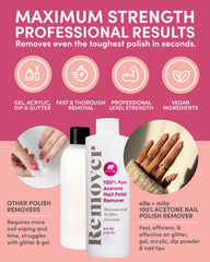 Ella Mila acetone remover label closeup showing pure, fragrance-free formula.